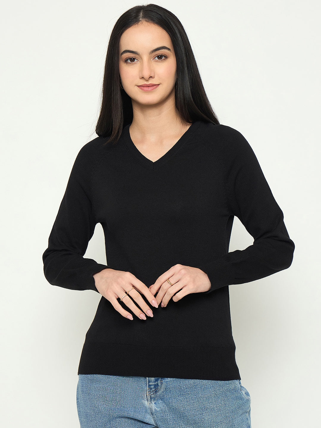 Madame V Neck Solid Black Sweater color swatch