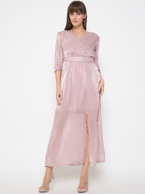Madame Wrinkled Lurex Self Design Belted Pink Maxi Dress