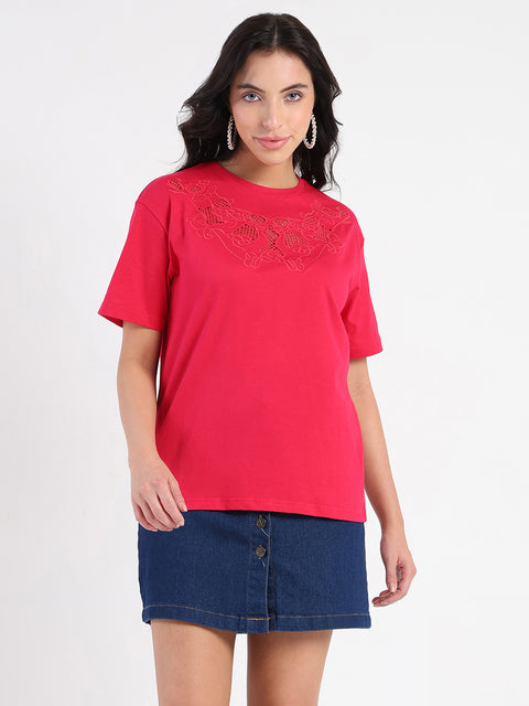 Madame Embroidered Round Neck Red Cotton Lycra T-shirt
