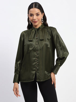 Madame Tie Up Neck Cuffed Sleeve Olive Top