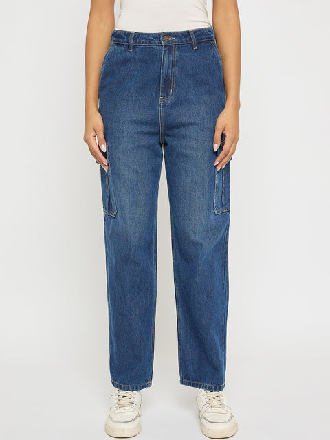 Madame Wide Leg Dark Blue Cotton Denim Cargo