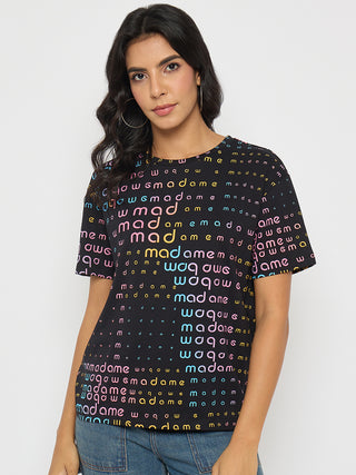 Madame All Over Print Black Cotton T-shirt