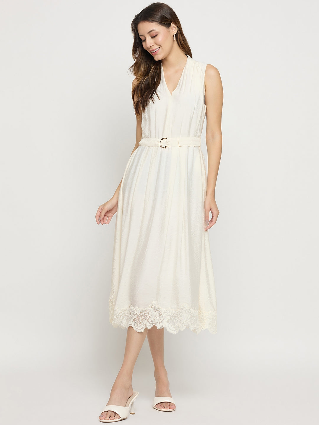 Madame Off White Viscose Mandarin Collar Midi Dress color swatch