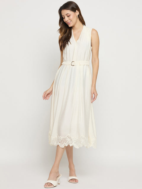 Madame Off White Viscose Mandarin Collar Midi Dress