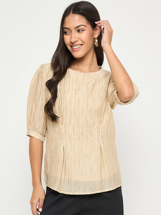 Madame Textured Embellished Tencel Blend Beige Top