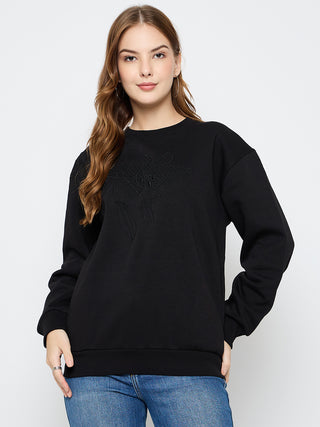 Madame Solid Black Cotton Blend Sweatshirt