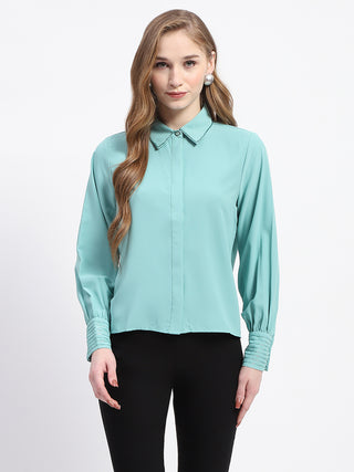 Madame Cuffed Sleeve Solid Mint Green Shirt