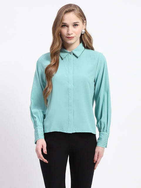 Madame Cuffed Sleeve Solid Mint Green Shirt