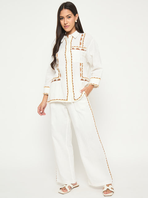 Madame Printed Shirt and Trousers White Cotton Co-ord Set