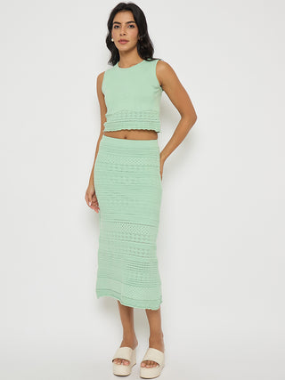 Madame Schiffli Top and Skirt Green Cotton Knit Co-ord Set