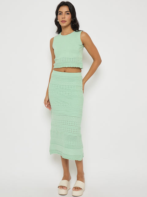 Madame Schiffli Top and Skirt Green Cotton Knit Co-ord Set