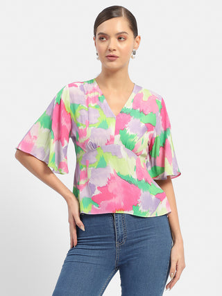 Madame Floral Print Pink Flutter Sleeve Top