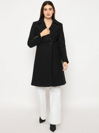 Madame Front Welt Pocketed Double Breasted Black Long Coat