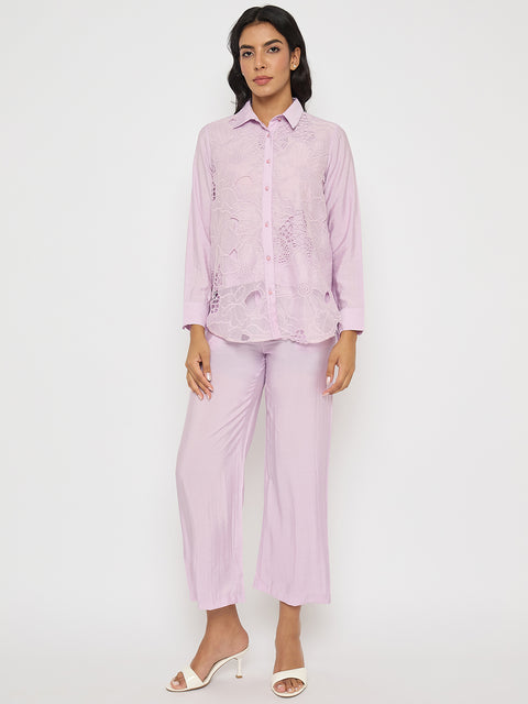 Madame Cutwork Embroidery Top and Bottom Mauve Co-ord Set