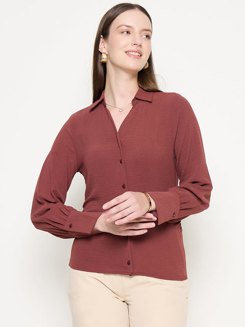 Madame Button Down Wing Necked Side Ruched Solid Brown Shirt