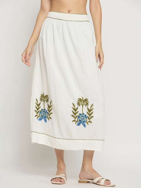Madame Off White Viscose Blend Embroidered Skirt