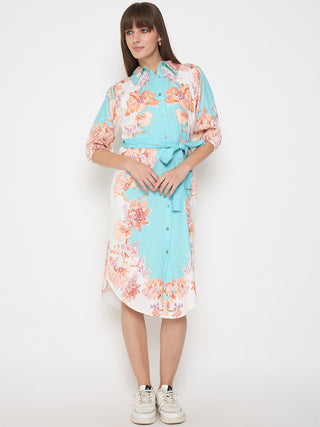 Madame Blue Colorblock Floral Cotton Midi Shirt Dress