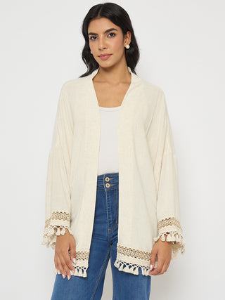 Madame Crochet Lace Trim and Tassel Detail Beige Shrug
