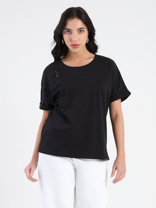Madame Embroidery Cutwork Detail Solid Black Cotton T-shirt