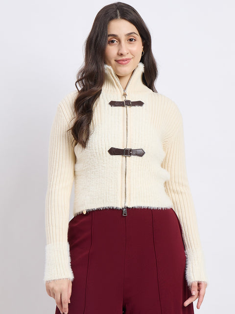 Madame Bow Accented High Neck Beige Sweater