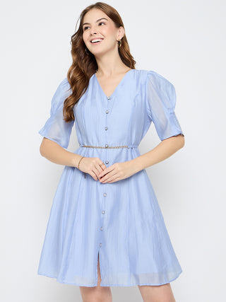 Madame Textured Belted Blue Mini A Line Dress