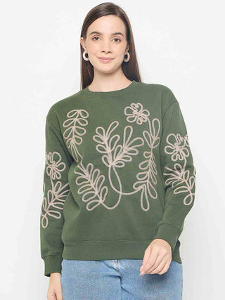 Madame Floral Embroidery Cotton Blend Green Sweatshirt