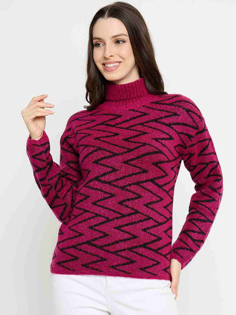 Madame Geometric Print High Neck Fuchsia Pink Sweater