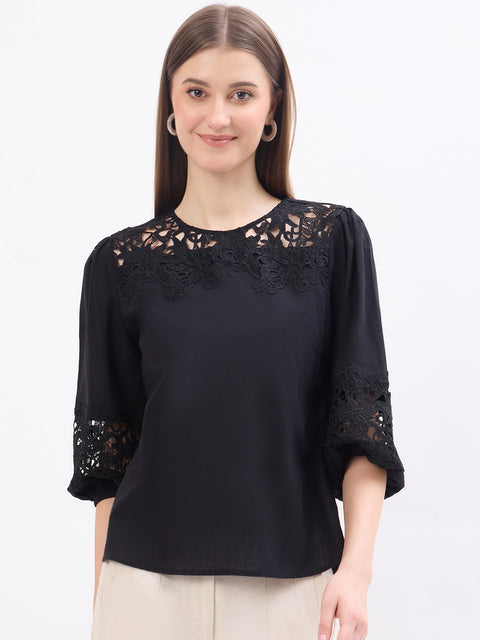 Madame Lace Patchwork Black Cotton Top