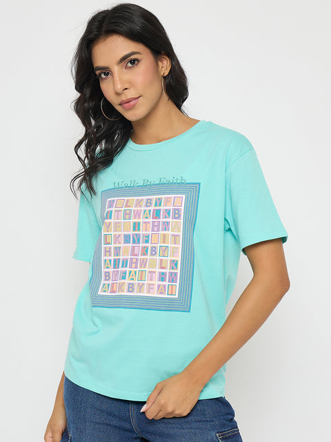 Madame Embroidered Graphic Print Cotton Aqua Blue T-Shirt