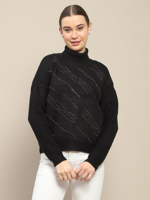 Madame Self Design Black Turtleneck Sweater
