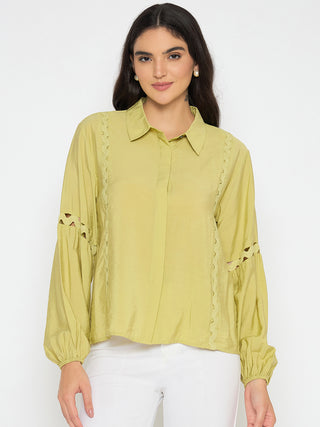 Madame Puff Sleeve Pear Green Rayon Blend Shirt