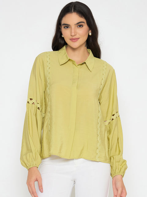 Madame Puff Sleeve Pear Green Rayon Blend Shirt