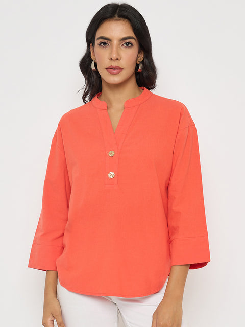Madame Button Detail Solid Coral Cotton Top