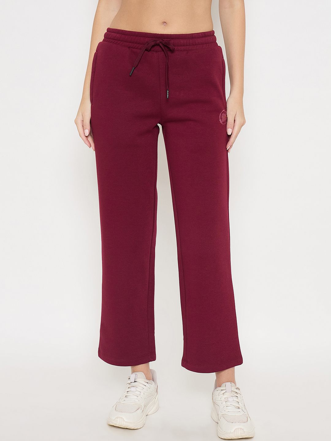 Madame Typography Print Wine Red Cotton Blend Track Bottoms color swatch