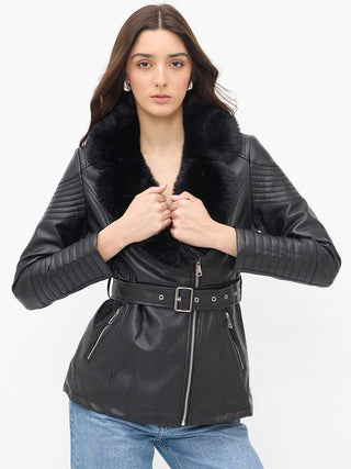 Madame Faux Fur Collar Black PU Leather Jacket