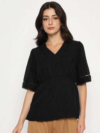 Madame V Neck Black Peplum Top