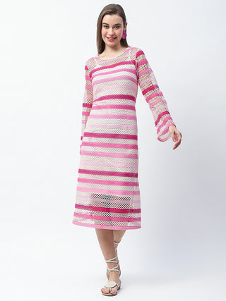 Madame Striped Crochet Knit Pink Sheath Midi Dress