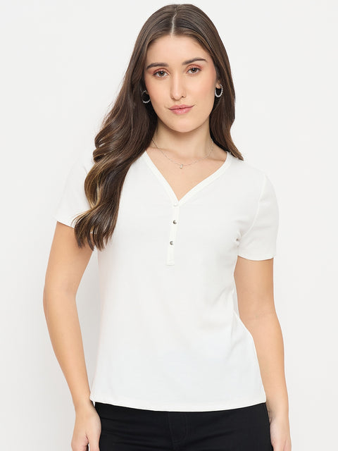 Madame White V-Neck T-Shirt with Button Placket