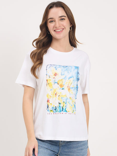 Madame White Graphic Print Cotton Round Neck T-Shirt
