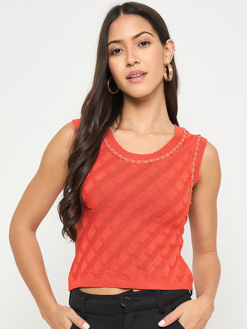 Madame Chain Accented Sleeveless Red Knitted Top