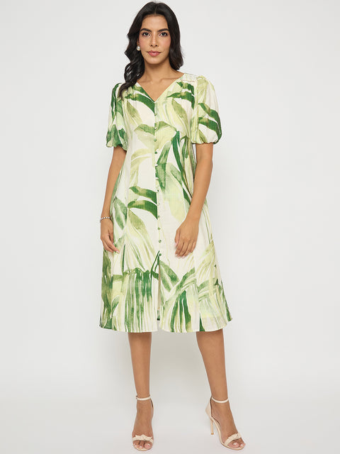 Madame Botanical Print Lace Insertion Off White Midi Dress