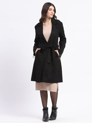 Madame Metal Zip Raw Edge Detailed Solid Black Trench Coat