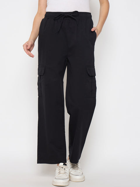 Madame Cotton Straight Black Cargo Pants