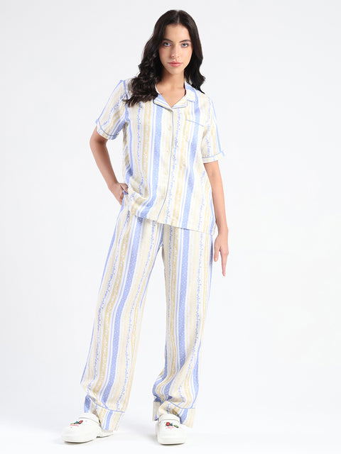 mSECRET Striped Collar Top and Bottoms Yellow Nightsuit