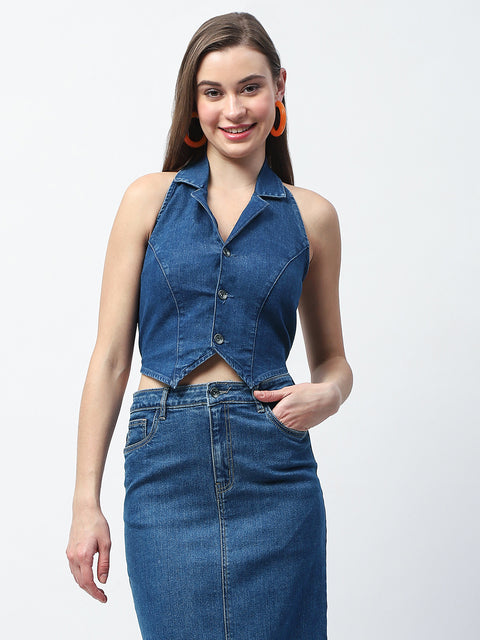 Madame Button-Down Dark Blue Halter Denim Crop Top