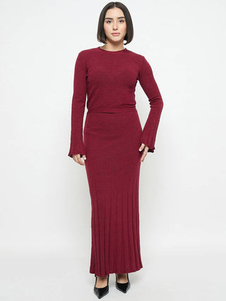 Madame Full Sleeve Top and Maxi Skirt Wine Red Knitted Co-ord Set
