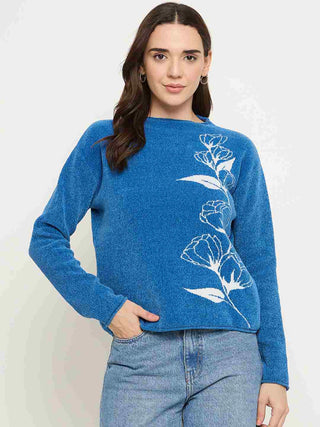 Madame Floral Print Blue Pullover Sweater