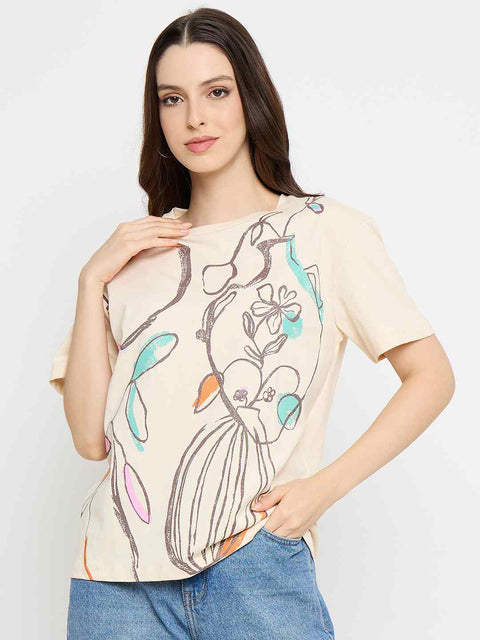 Madame Abstract Print Cotton Beige Half T-shirt