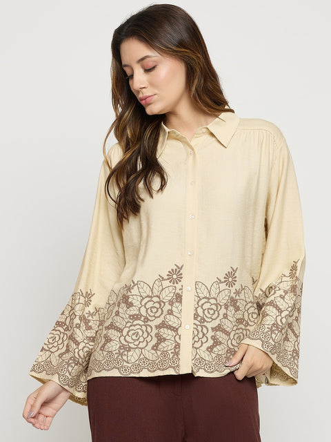 Madame Beige Embroidered Rayon Full Sleeve Shirt