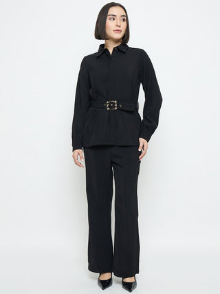 Madame Solid Belted Black Shirt